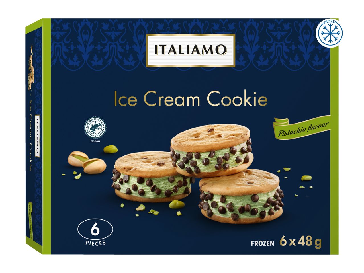 Ice cream cookie box with pistachio flavor, 6 pieces, 6x48g, frozen.