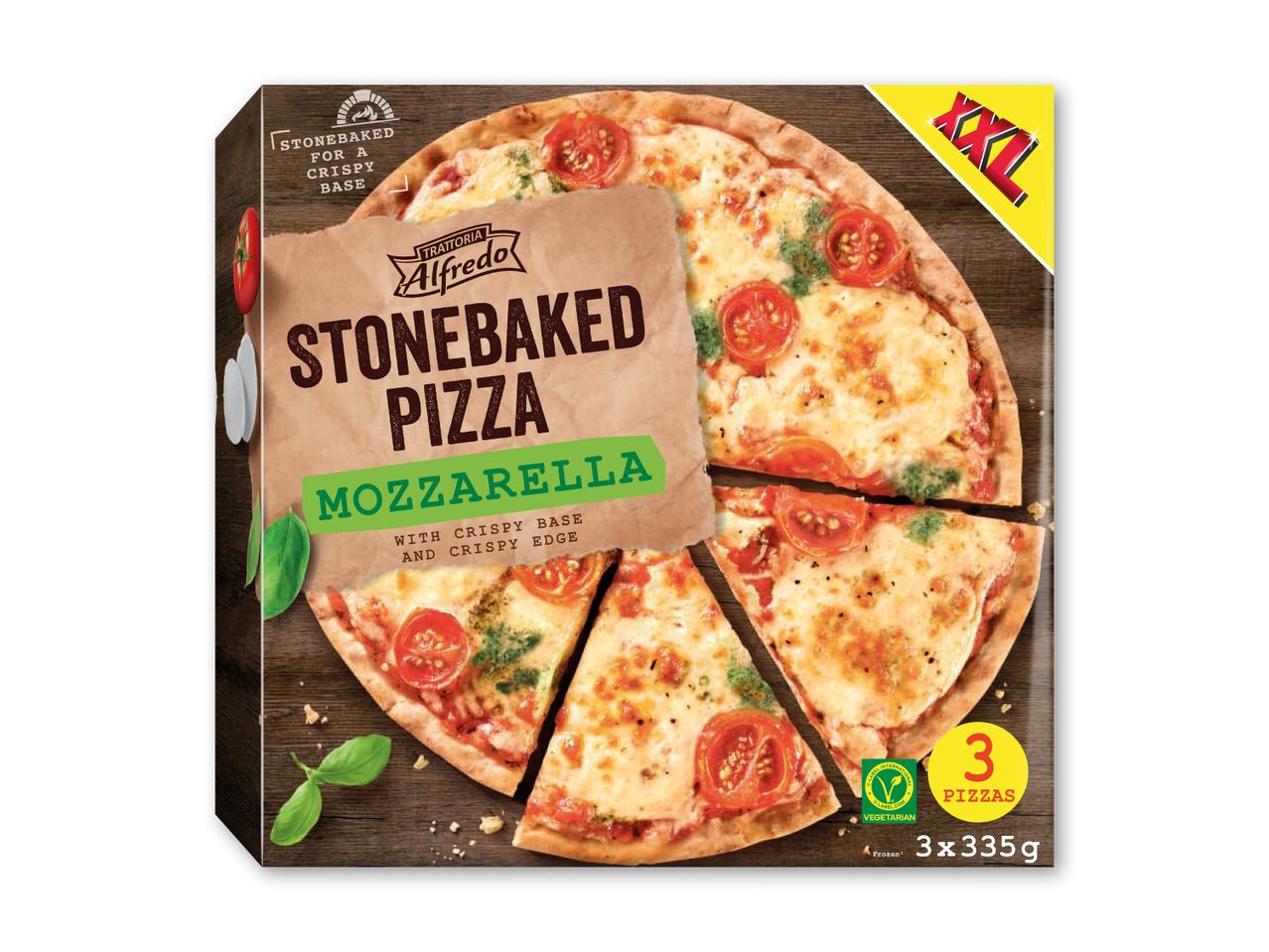 Æske med 3 stenbagte mozzarella pizzaer med sprød bund og kant.