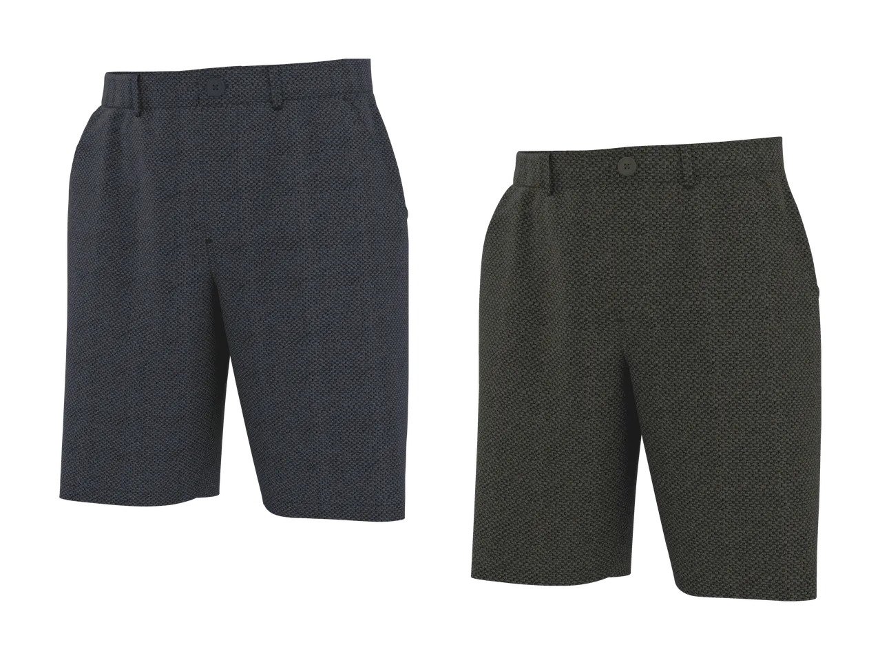 Zwei Herren-Shorts in Dunkelgrau und Olivgrün mit feiner Webstruktur.