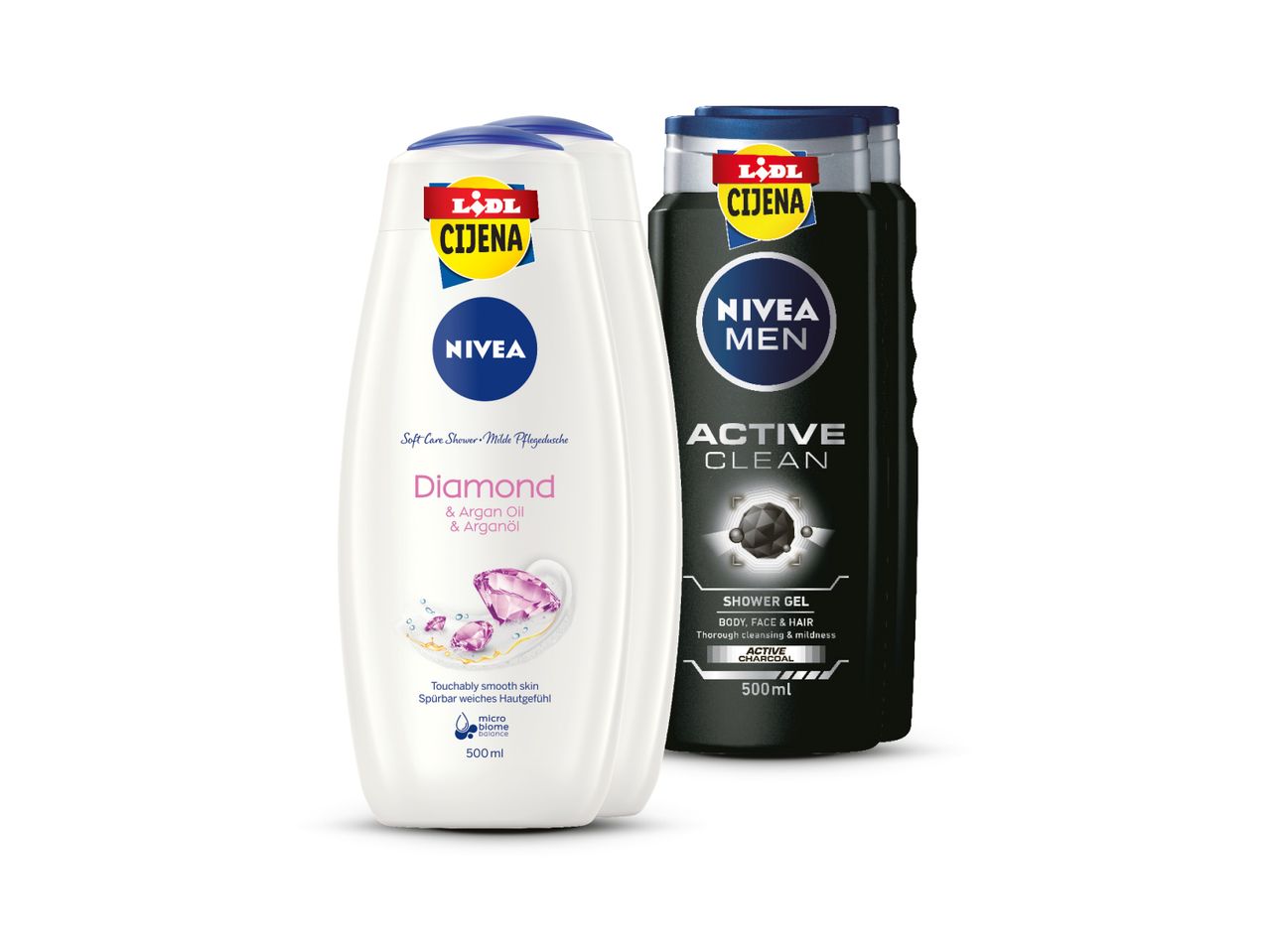 Nivea tuš gelovi za njegu tijela: nježni za žene i aktivni za muškarce.