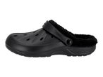 Black lined clogs with a textured sole and strap