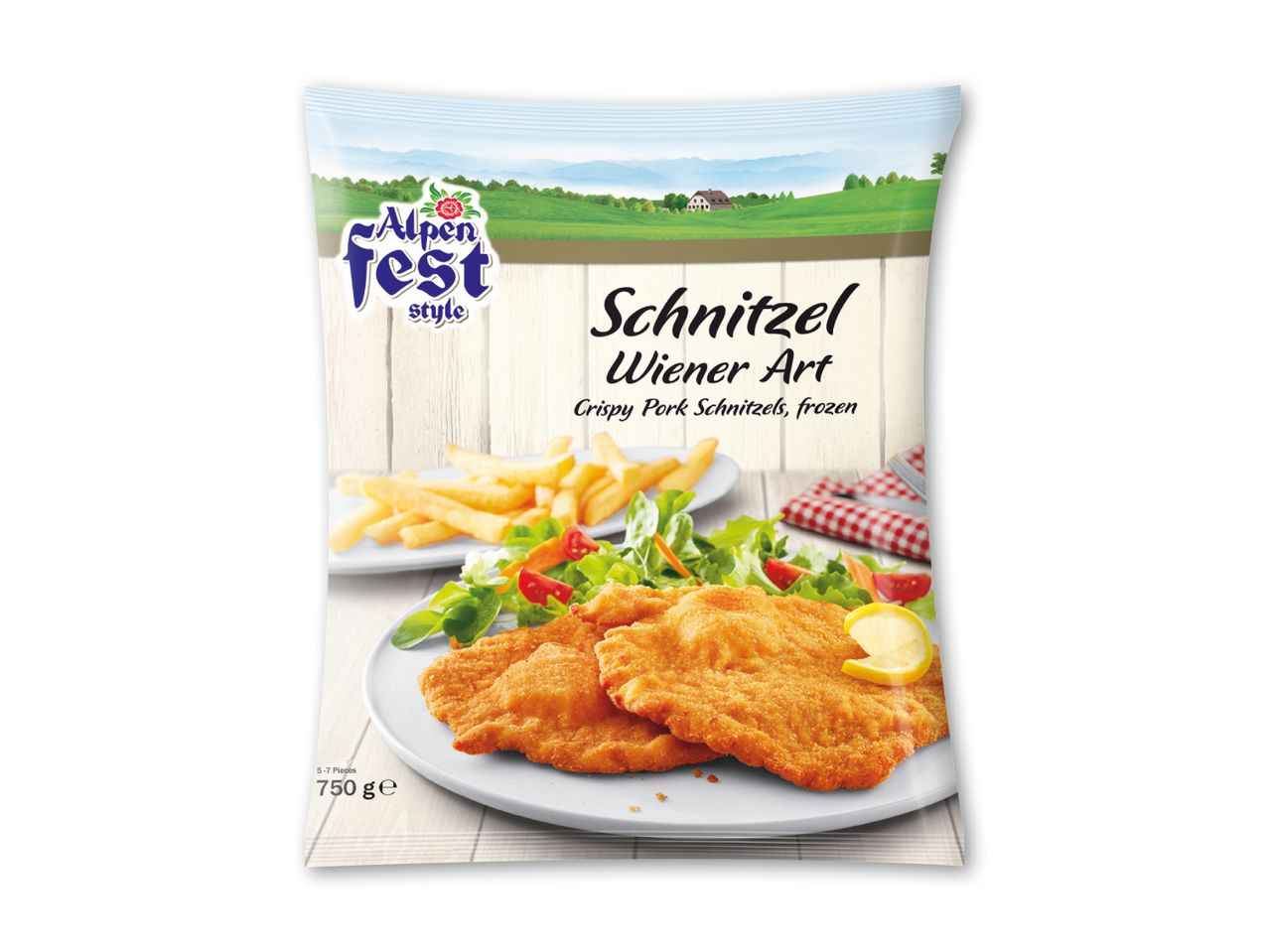 Frossen schnitzel Wiener Art med sprøde panerede svineschnitzler, pomfritter og salat.