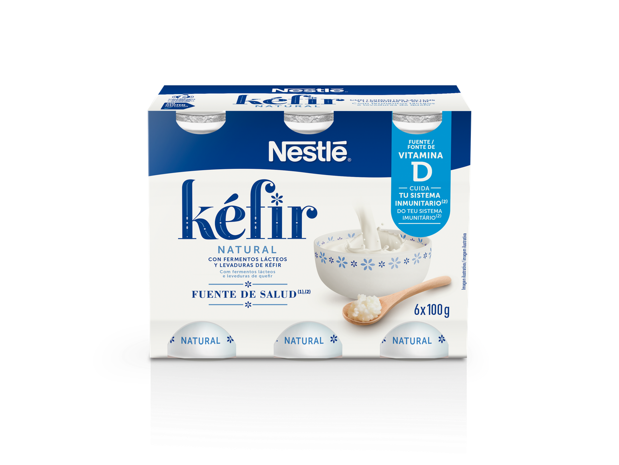 Embalagem de iogurte de kefir natural com vitamina D, 6x100g.