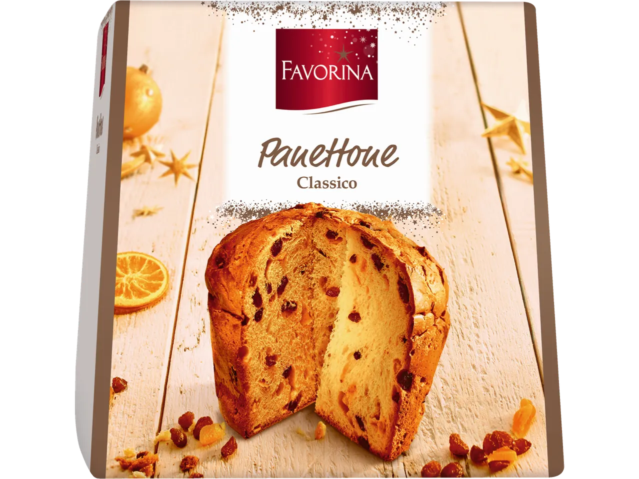 Favorina Panettone Classico pakuotė su pjaustytu panettone ir džiovintais vaisiais.