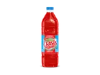 Een fles rode frisdrank met aardbei- en frambozensmaak, met een blauwe dop.