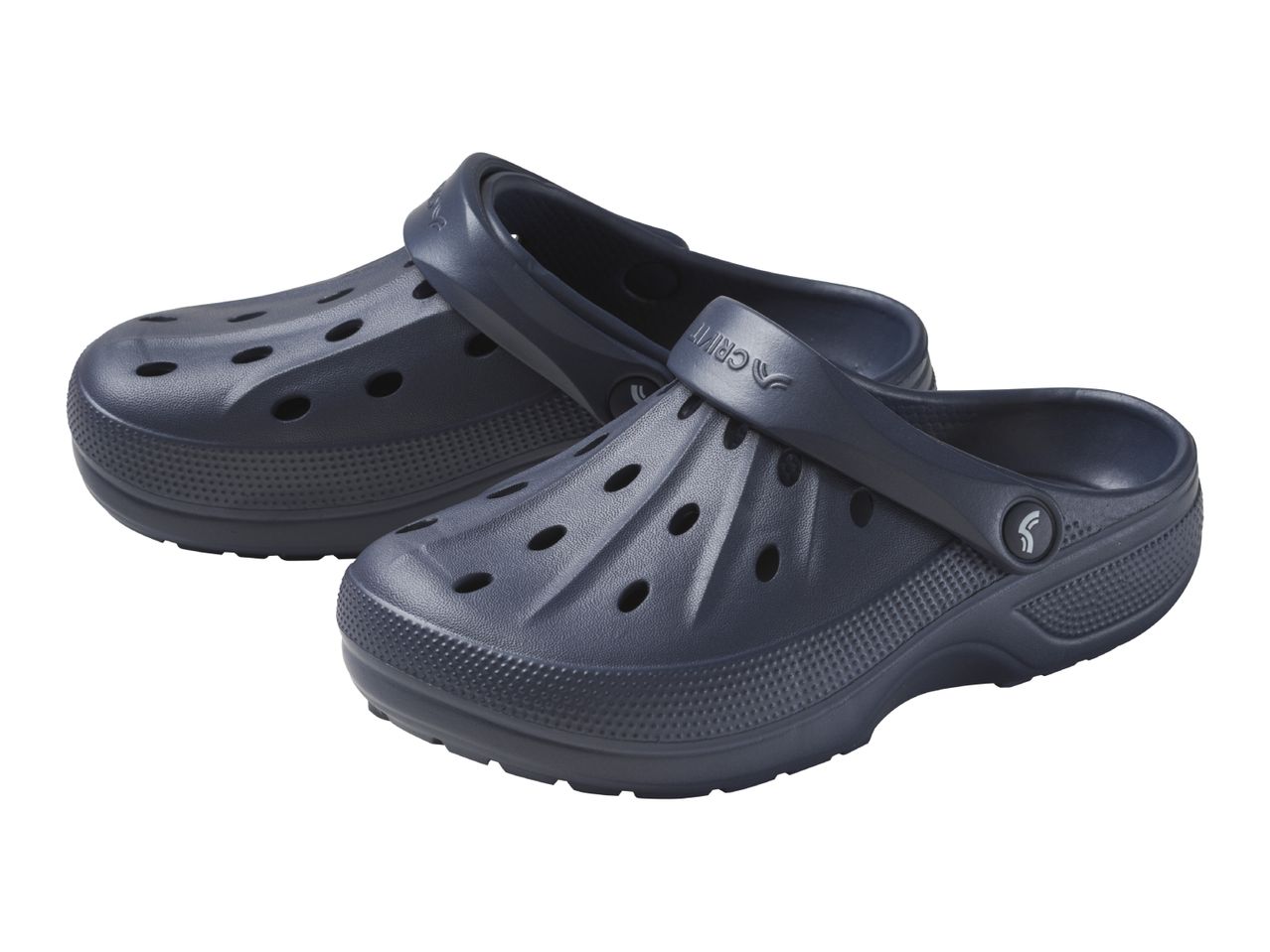 Pair of dark blue clogs with ventilation holes and a textured sole.