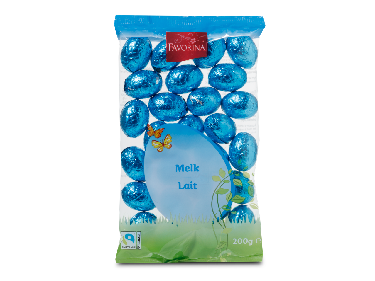 Favorina Melk Chocolade Paaseitjes in blauwe folie, 200g, met Fairtrade cacao.