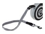 Retractable dog leash with reflective tape and a paw print design on the casing.