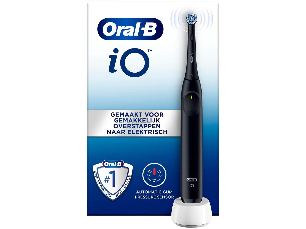 Oral-B iO elektrische tandenborstel in zwart, met een tandvleesdruksensor en aanbevolen door tandartsen.