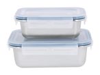 Two rectangular stainless steel food containers with clear lids and blue seals, stacked.