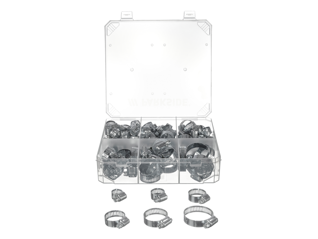 Parkside® žarnų gnybtų asortimentas permatomoje laikymo dėžutėje.