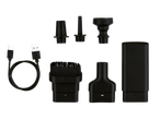 A USB-C charging cable and various black vacuum cleaner attachments, including brushes and nozzles.