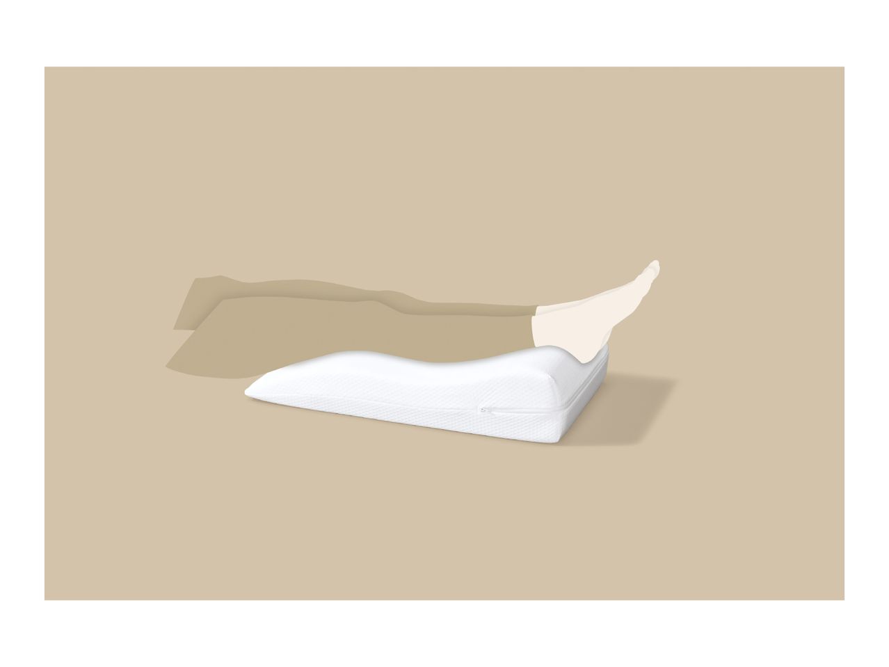 Leg elevation pillow with legs resting on it, on a beige background.