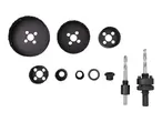 A set of hole saws in various sizes with two arbors and pilot drill bits.