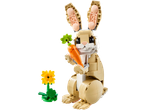 A Lego rabbit holding a carrot, with a yellow flower and green clover on the side.