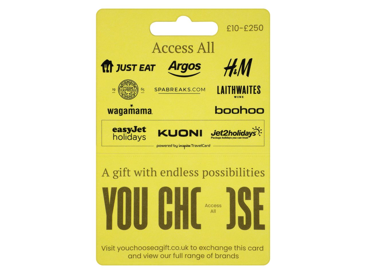 You Choose gift card featuring Argos, Just Eat, and H&M.