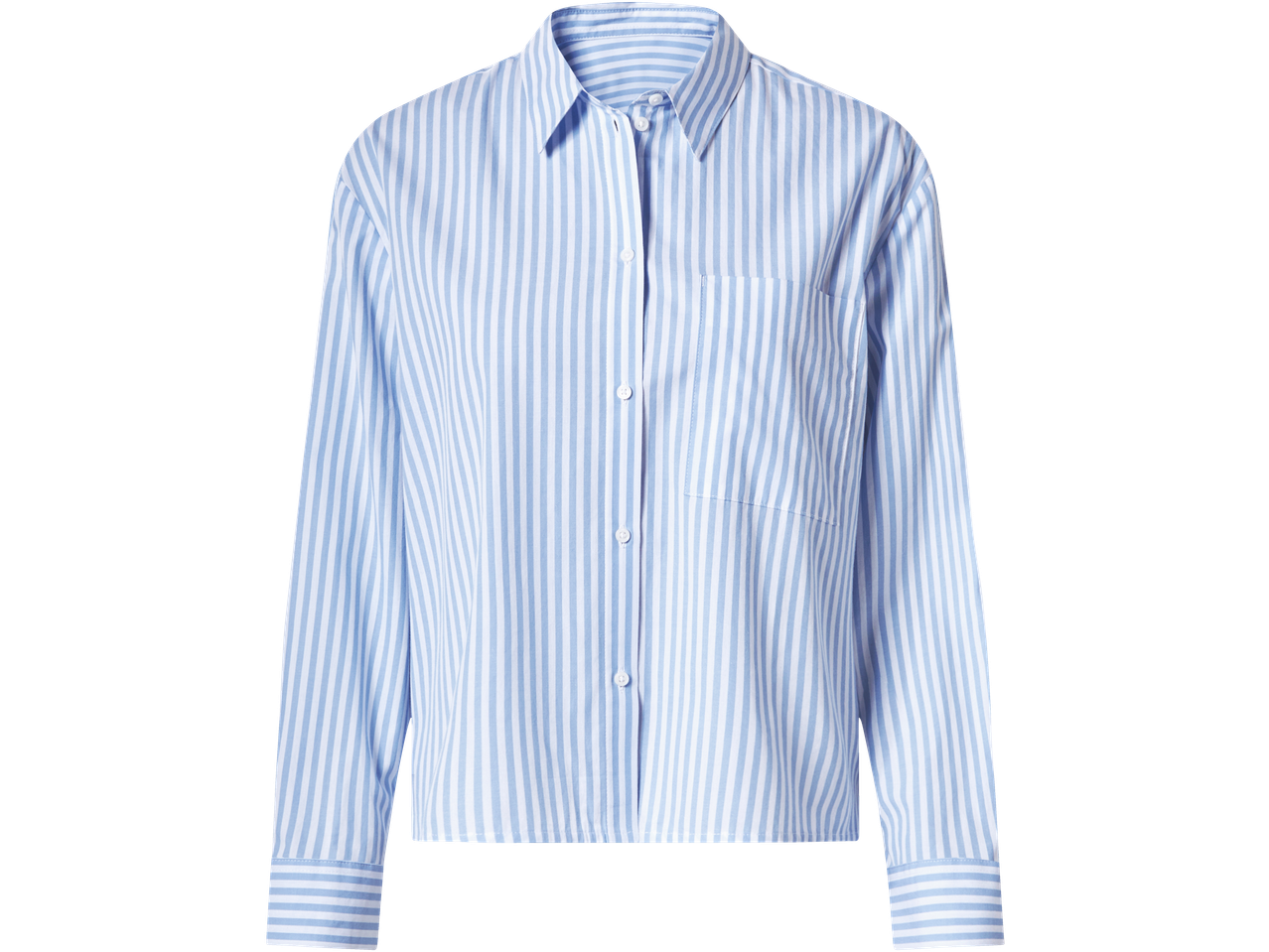 Naiste sinise-valgetriibuline särk pikkade varrukate ja taskuga