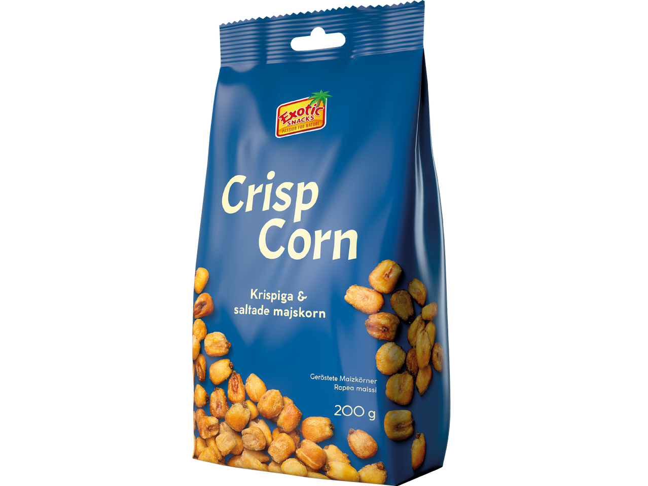 Exotic Snacks Crisp Corn: 200g påse med krispiga, salta majskorn.