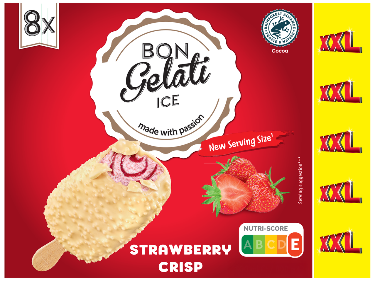 Glace à la fraise et au chocolat blanc avec Nutri-Score A, 8x XXL.