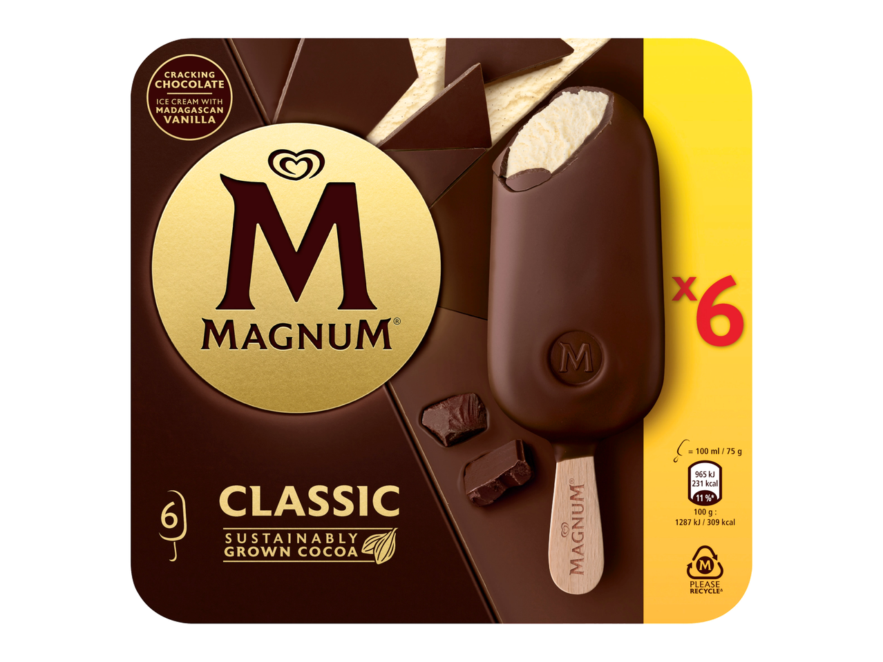 Magnum Classic ice cream bars with cracking chocolate and Madagascan vanilla, a pack of six.
