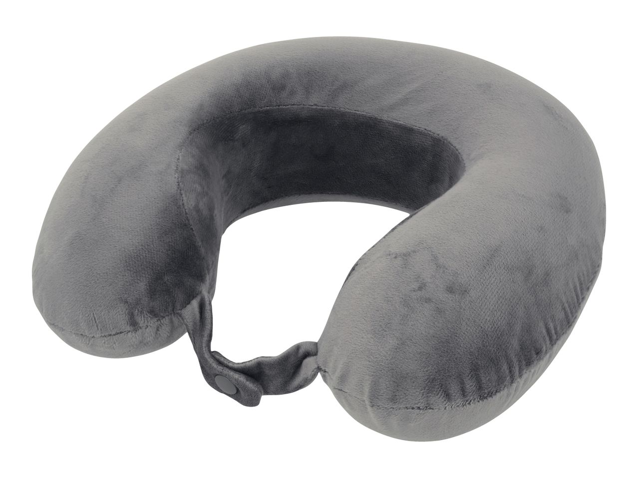 Grey U-shaped travel neck pillow with a snap closure