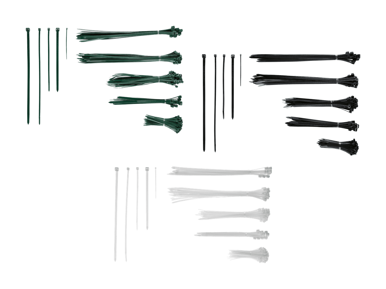 Kabelbinder aus Kunststoff in verschiedenen Größen und Farben: grün, schwarz und weiß.