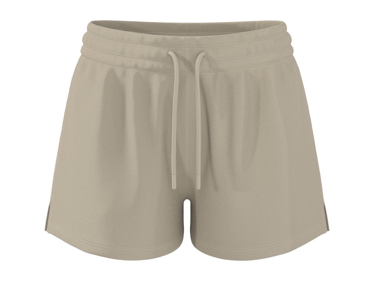 Light beige women's shorts with a drawstring waist and rounded hem.