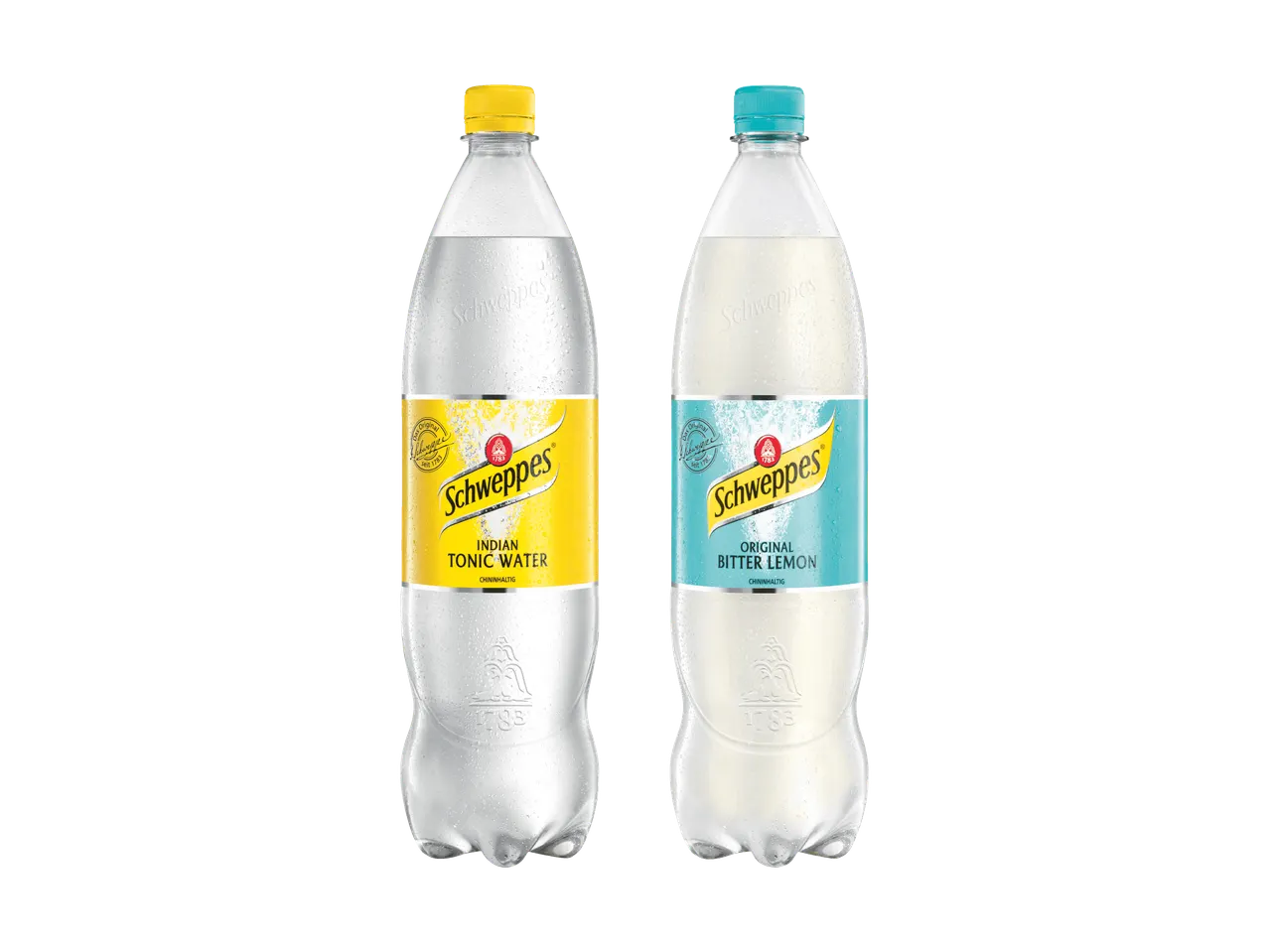 Zwei Schweppes Flaschen: Indian Tonic Water mit gelbem Etikett und Original Bitter Lemon mit blauem Etikett.
