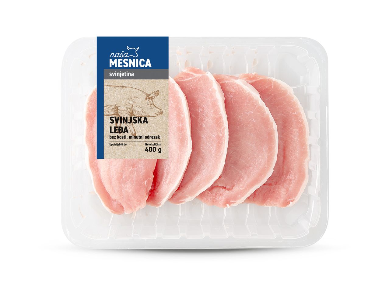 Pakiranje svinjskih leđa bez kosti, minutni odrezak, marke Naša Mesnica, neto težine 400g.