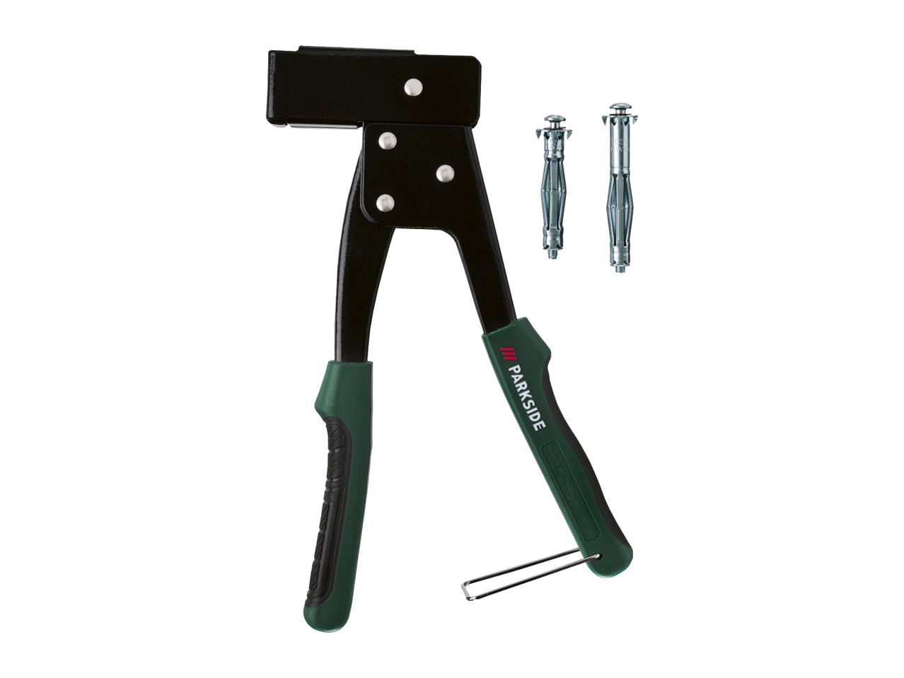 Rivet gun with green handles and two metal hollow wall anchors