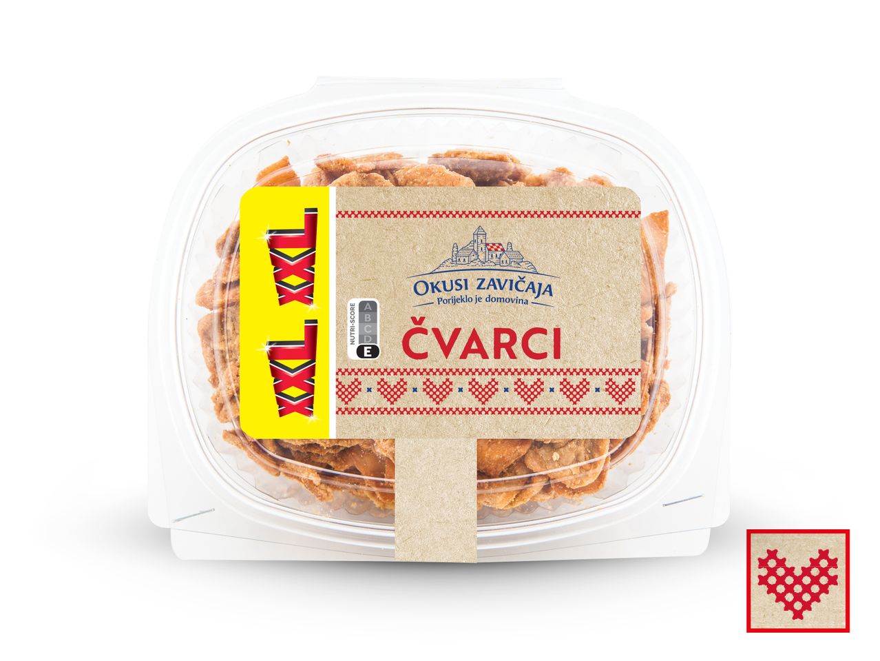 Prozirna plastična posuda s čvarcima i etiketom s natpisom 'Okusi Zavičaja Čvarci'.