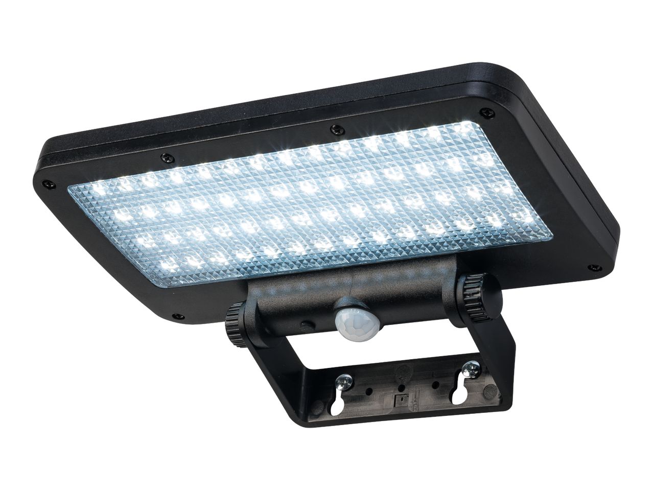 Black solar-powered LED security light with motion sensor