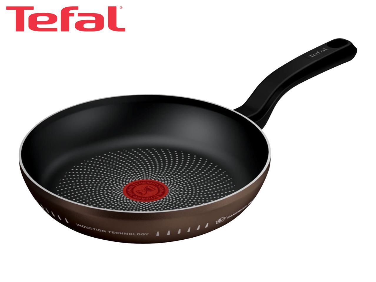Brown frying pan with a black handle and a red heat indicator in the center.