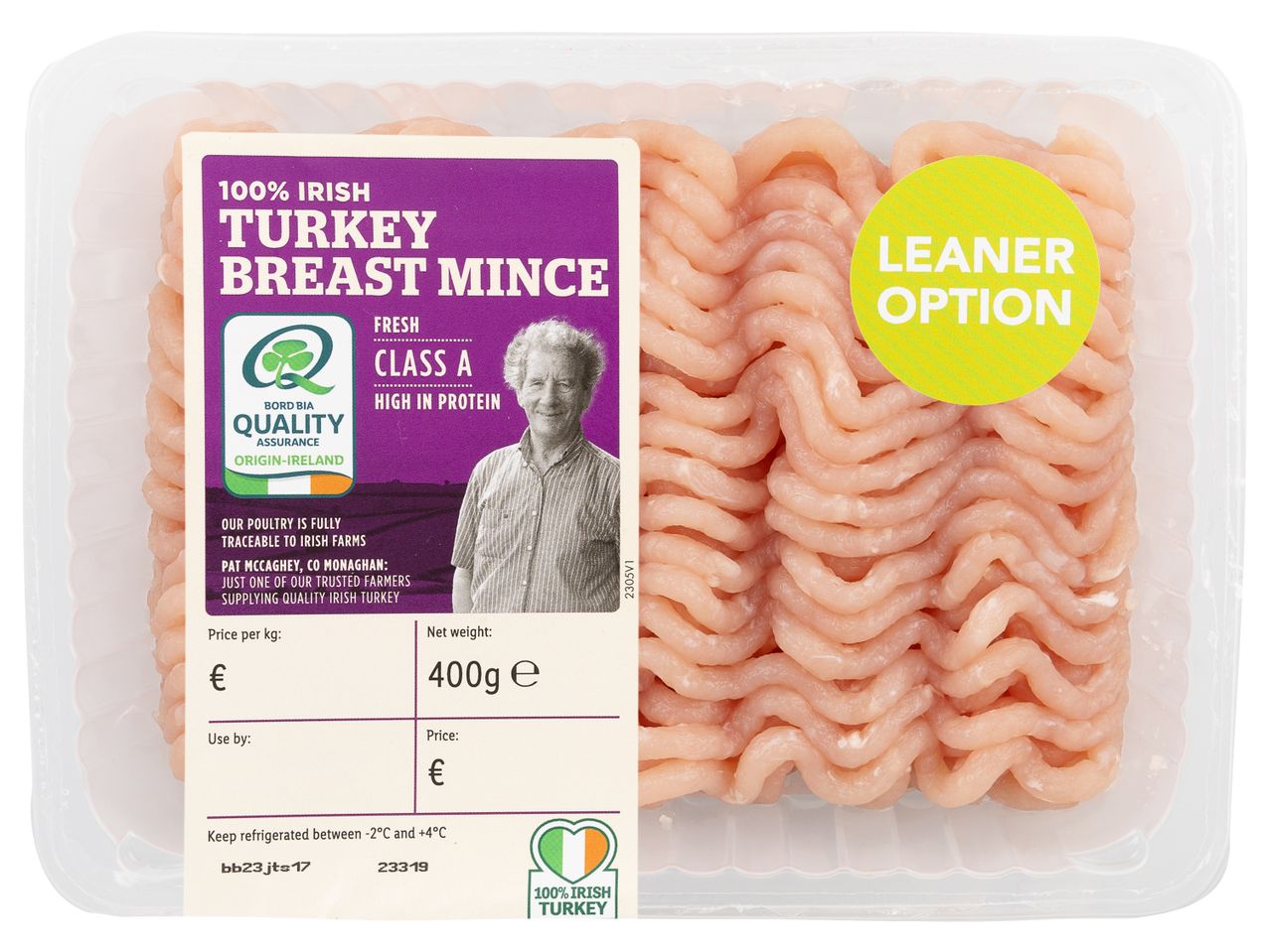 Lidl 100% Irish Turkey Breast Mince, 400g, with a 'Leaner Option' label and Bord Bia Quality Assurance.