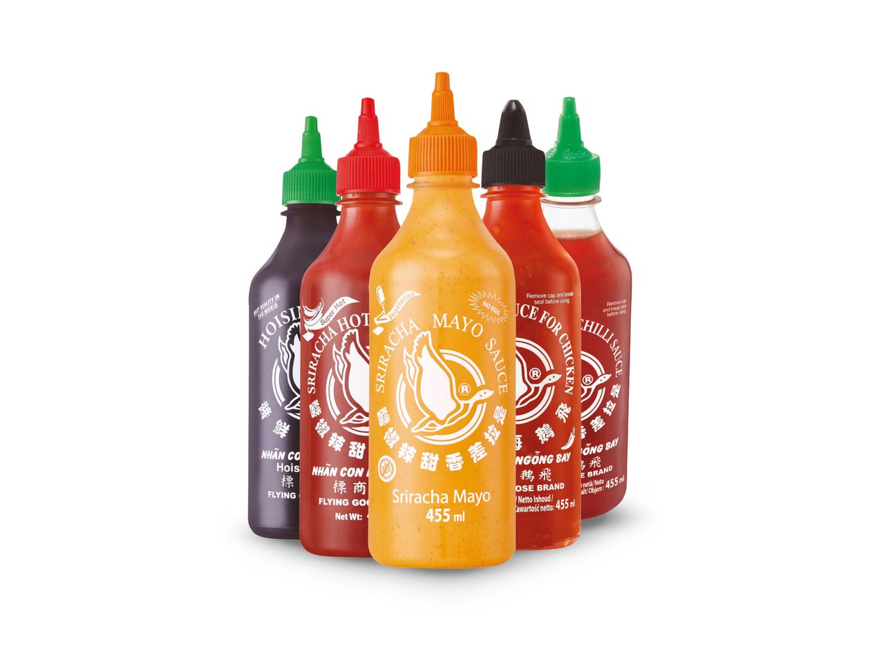 Boce Sriracha umaka, uključujući majonezu i umak za piletinu.