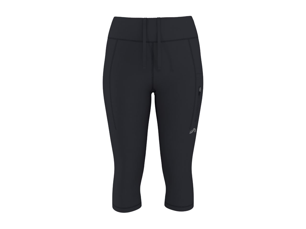 Black women's cropped sports leggings with a drawstring waist and side pocket.