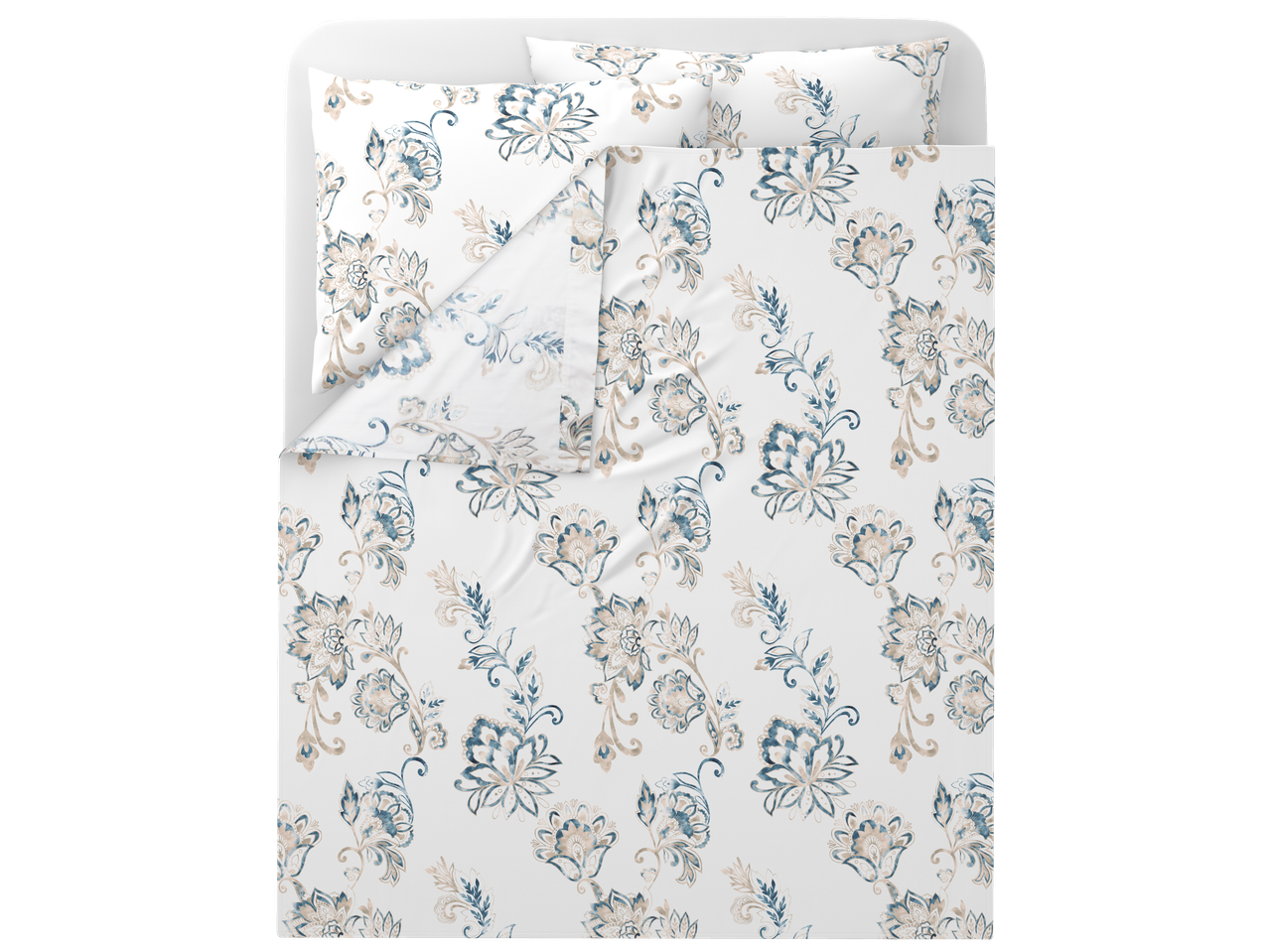 Conjunto de roupa de cama de cetim LIVARNO com padrão floral azul e bege.