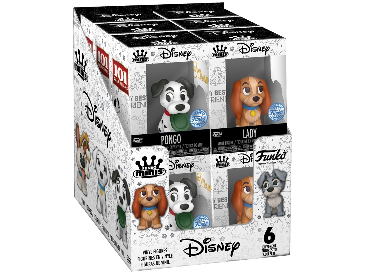Figurines Funko Minis Disney de chiens des 101 Dalmatiens et La Belle et le Clochard, 6 à collectionner.