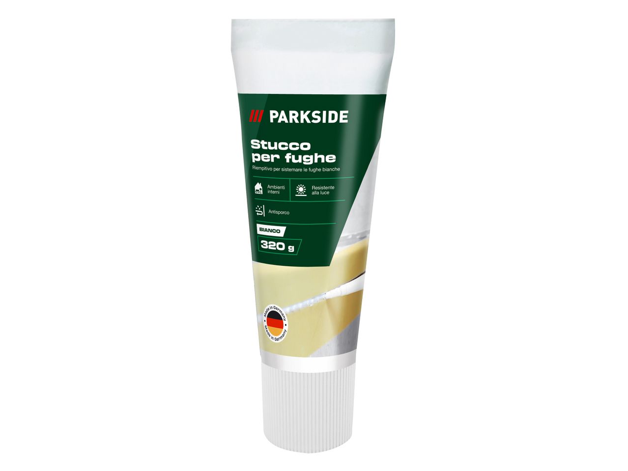 Un tubetto di stucco Parkside per fughe, bianco, da 320g.