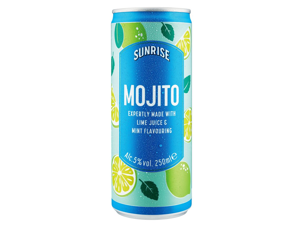 A Sunrise Mojito 250ml can, expertly made with lime juice and mint flavouring.