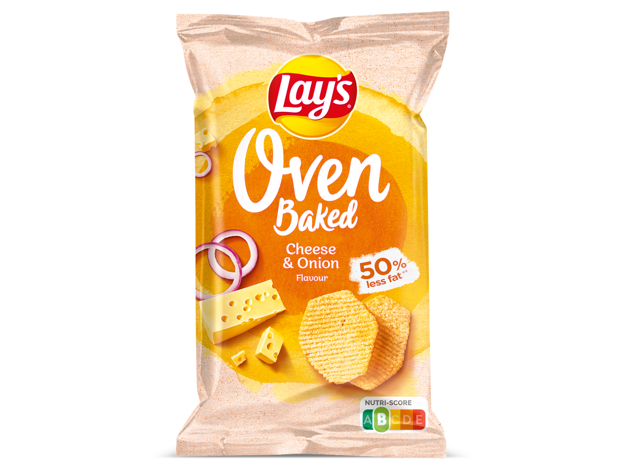 Zak ovengebakken chips met kaas- en uiensmaak, 50% minder vet, Nutri-Score A.
