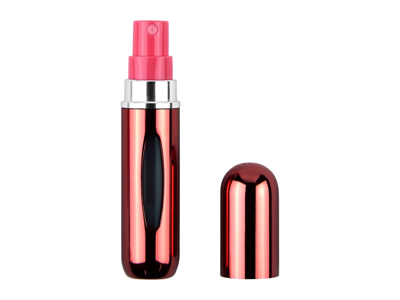 Rose gold refillable perfume atomizer spray bottle with cap.
