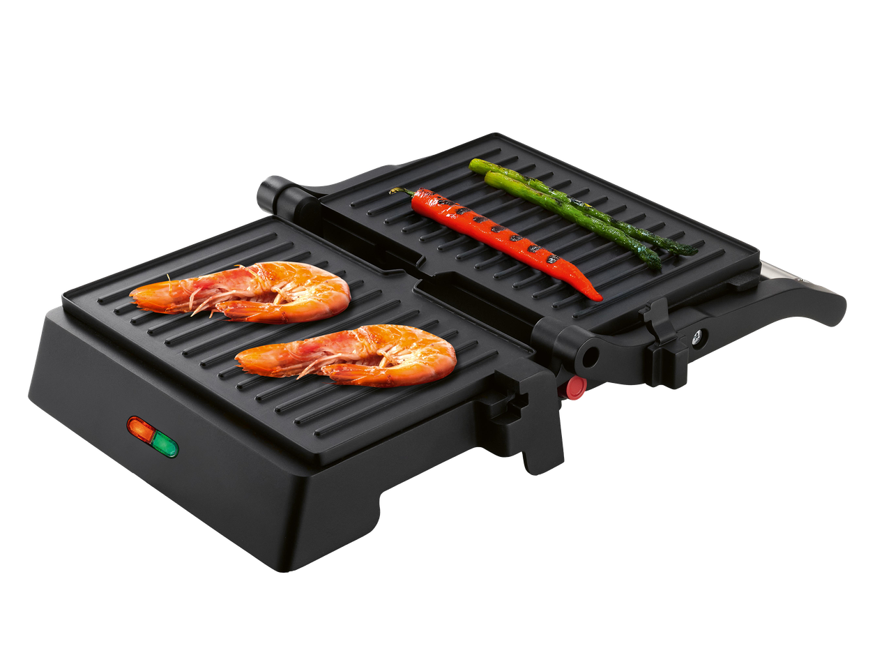 Grillezett garnélarák, spárga és piros paprika egy elektromos grillen.