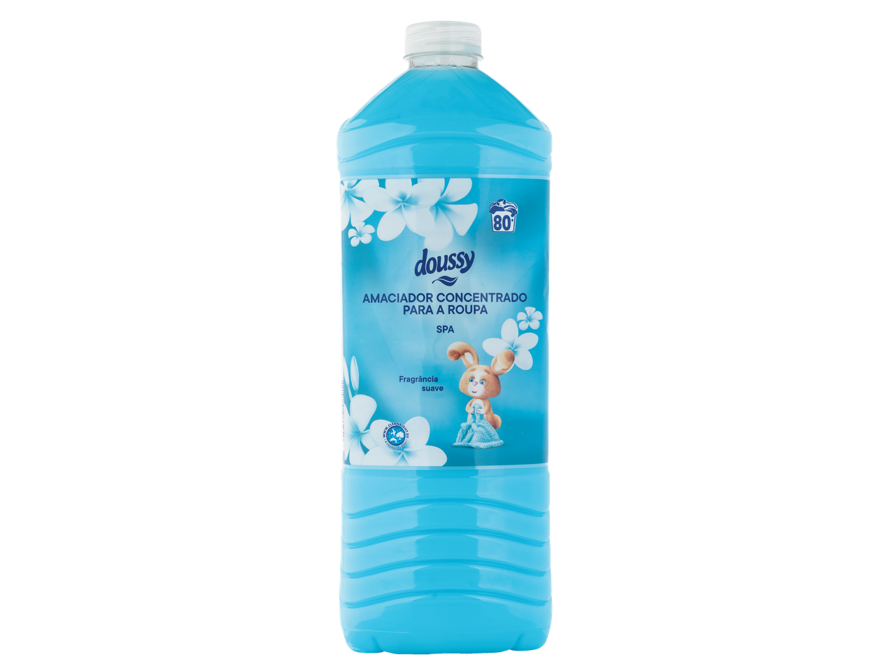 Uma garrafa de amaciador de roupa concentrado Doussy com fragrância suave, com um coelho de desenho animado e flores.