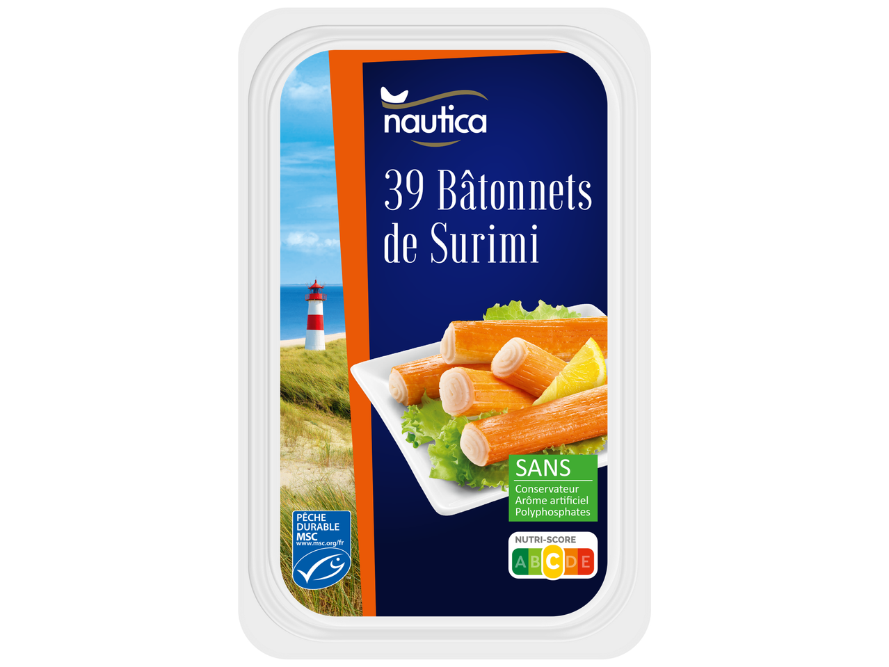 Paquet de bâtonnets de surimi avec un phare en arrière-plan et des informations nutritionnelles.