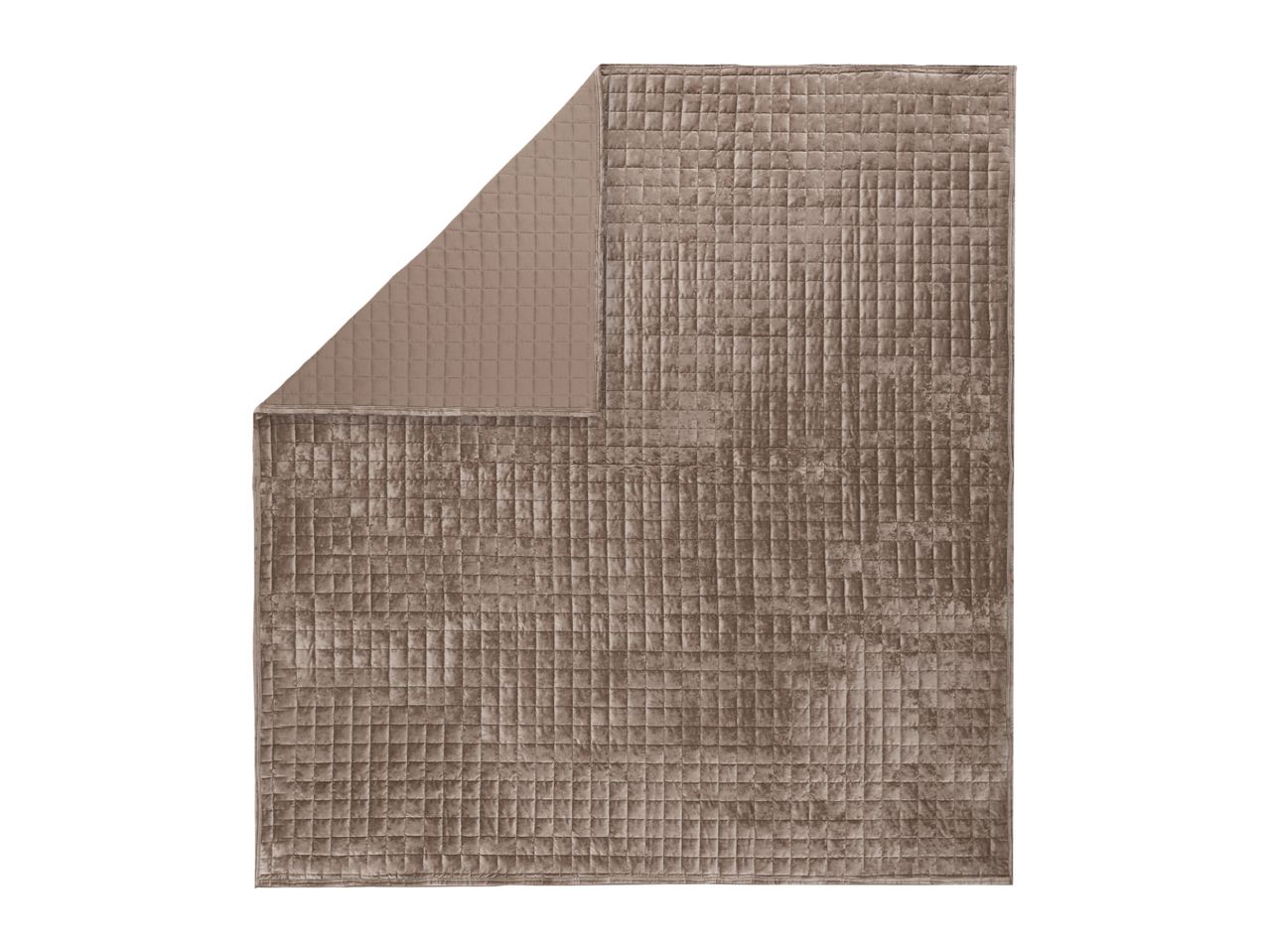 Taupe quilted velvet bedspread with a folded corner showing the reverse side