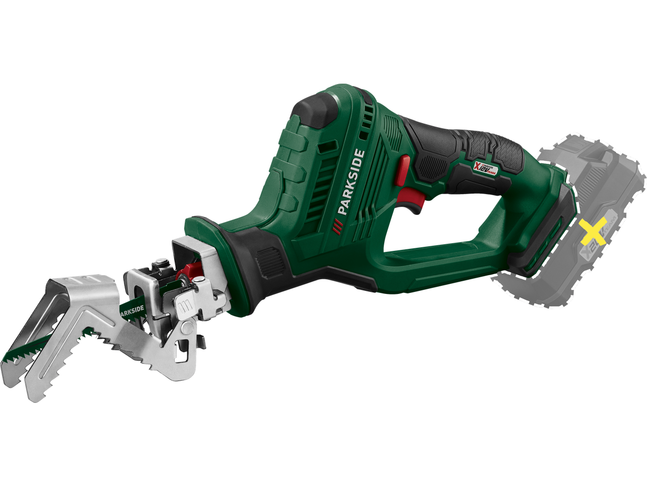 Serra de poda a bateria PARKSIDE 20 V com suporte de ramo removível.