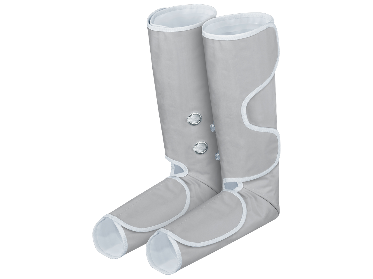 Bottes de massage par compression pour les jambes, de couleur grise avec des bordures blanches.