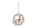 Wooden Christmas ornament with a snowman, house, and berry wreath design.