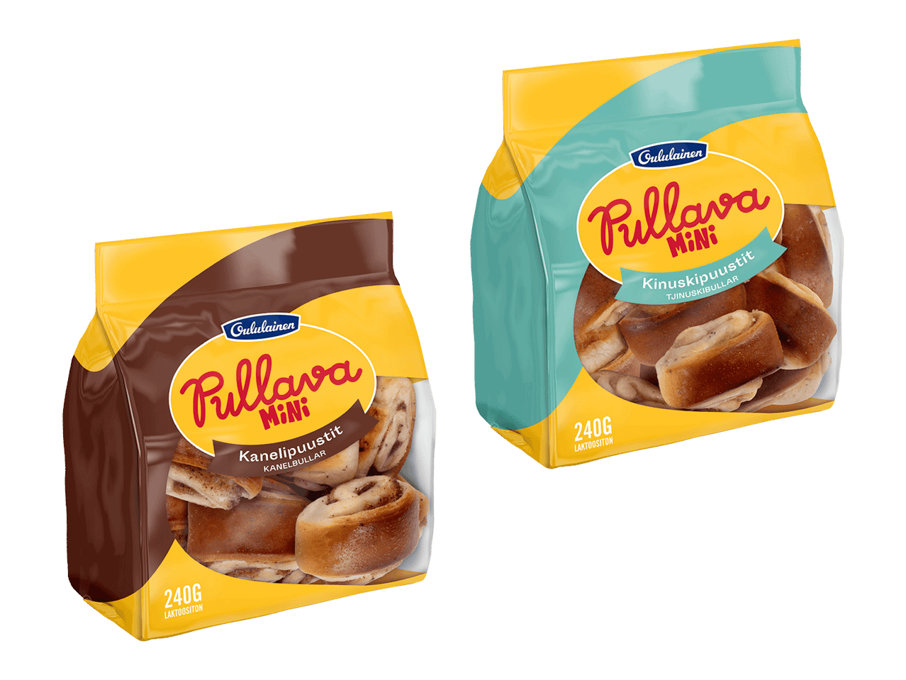 Kaksi pussia pullaa, toinen kanelipullia ja toinen kinuskipullia, molemmat 240g.